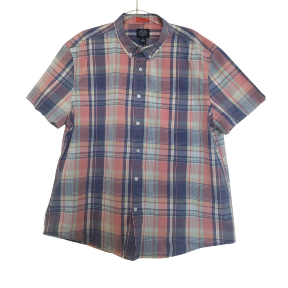 St John Bay Button Down Shirt Man's XXL Blue Pink Plaid No Tuck Short Sleeves